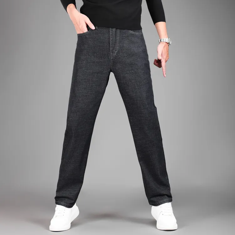 秋冬男士高腰宽松直筒休闲水洗棉牛仔裤时尚耐磨深裆大裤脚男款裤