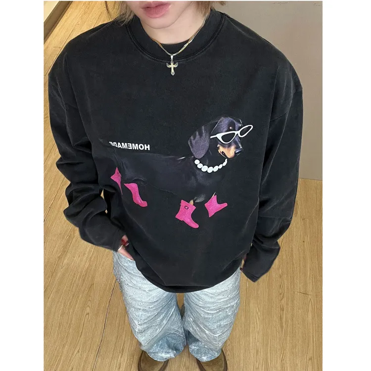 【贵宾修狗】美式休闲设计感小领口宽松字母印花长袖T恤hiphop潮牌