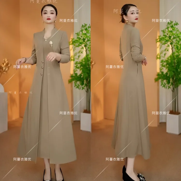 【衣雅严选】8102-2383#新款斜纹软精纺开衫长款显瘦假两件连衣裙