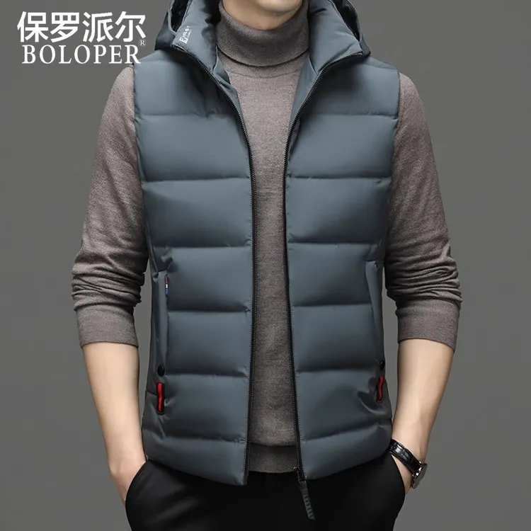 保罗冬季男士连帽可拆卸马甲休闲加厚保暖羽绒背心帅气坎肩外套潮