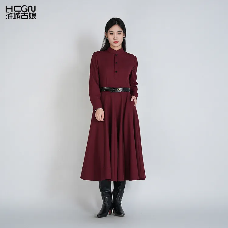 hcgn/浒城古娘中式刺绣显瘦长袖百搭中长款雅莲连衣裙CCL17993