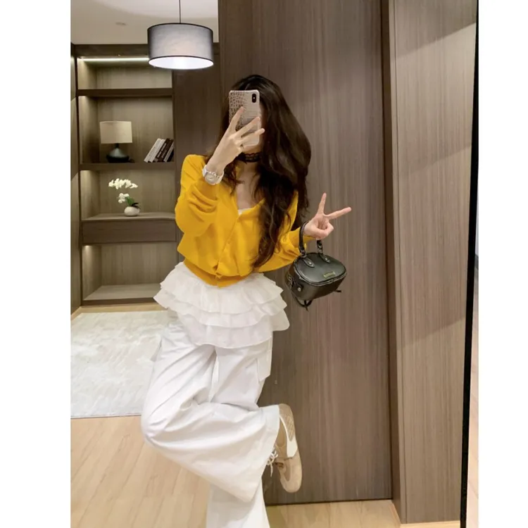 小香风2025新款气质长袖黄色上衣洋气潮流时尚高级感小短裙裤子
