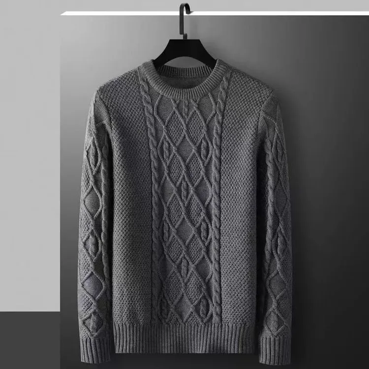 派尔尼那秋冬新款中年圆领螺纹加厚保暖麻花宽松针织上衣休闲毛衣