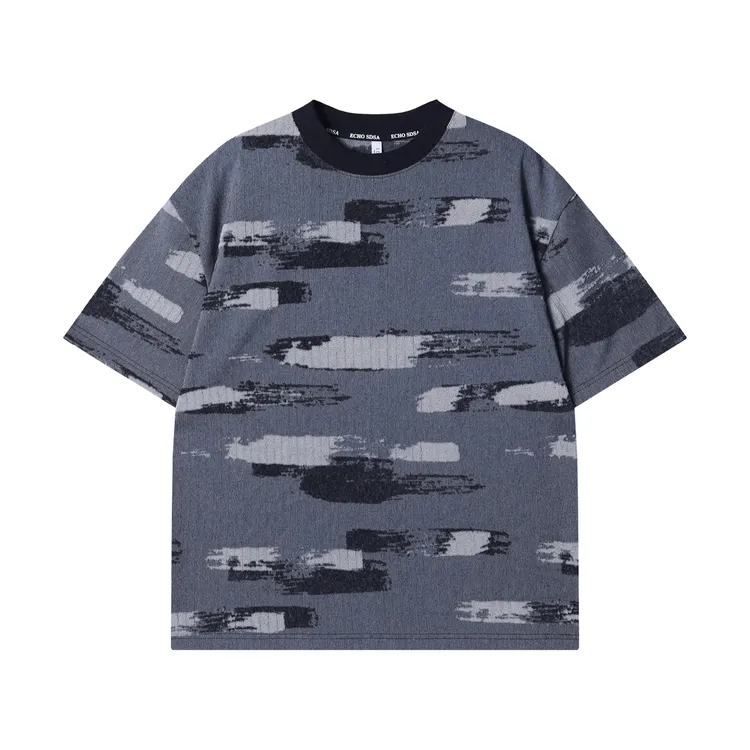 夏季高级感新款美式简约撞色磨毛圆领短袖T恤宽松时尚休闲上衣