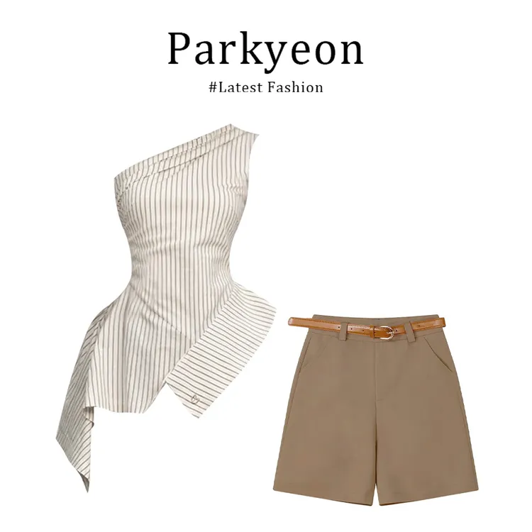 parkyeon气质不规则斜肩条纹吊带上衣热辣修身显瘦短裤夏季两件套