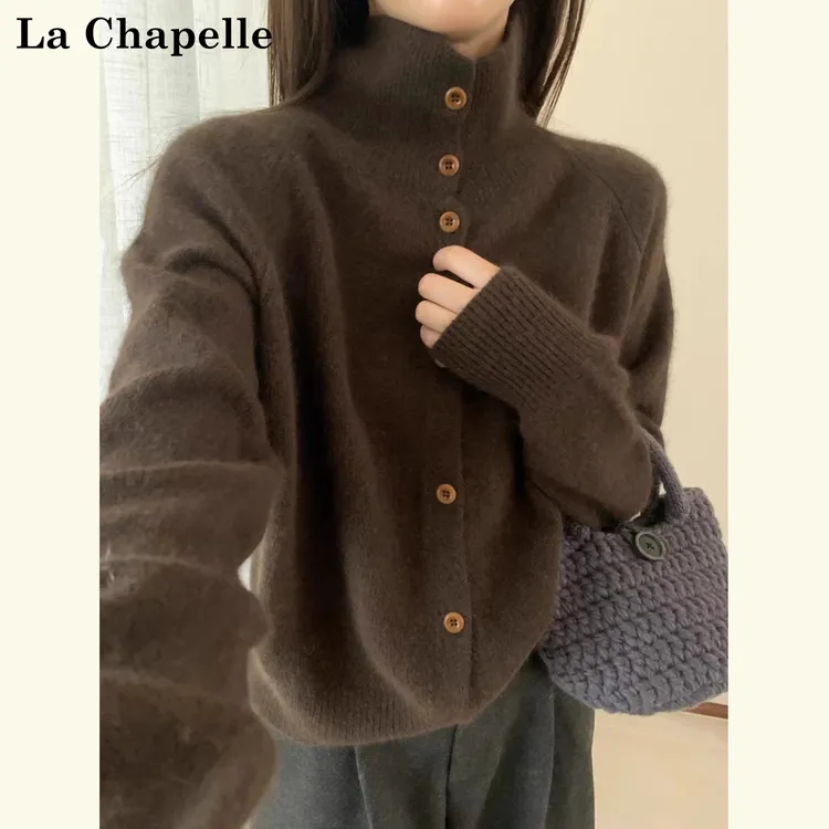 拉夏贝尔美拉德咖色高领开衫毛衣外套女秋冬慵懒风宽松针织上衣厚