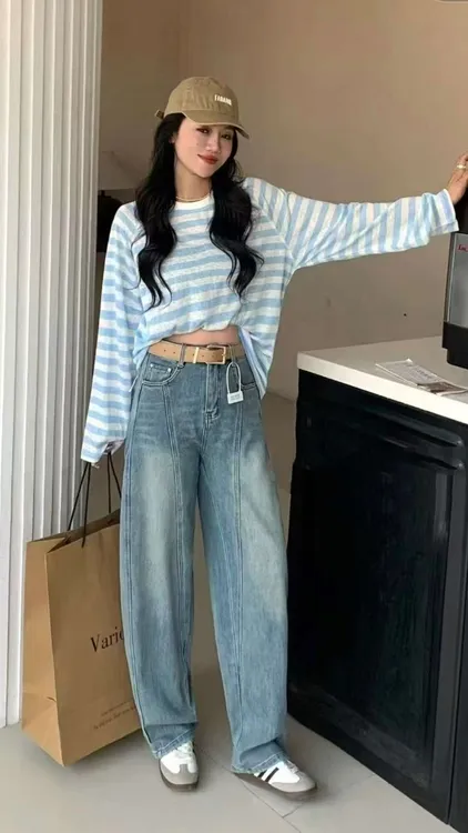 欧货浅色复古拼接牛仔裤女春季显瘦百搭阔腿裤高腰宽松休闲弯刀裤