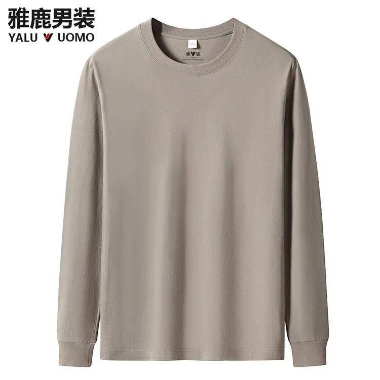 雅鹿男装-6000纯色纯棉束口长袖圆领T桖男女同款舒适休闲宽松春季