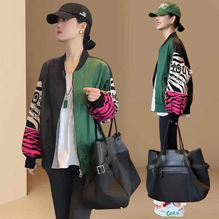 2025年春秋新款拼色拉链夹克女欧洲站长袖宽松显瘦洋气棒球服外套