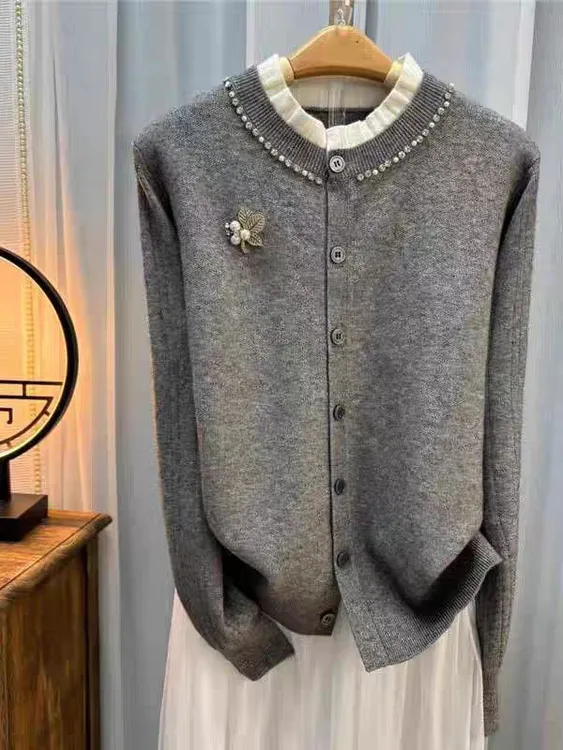 大码秋冬新款开衫外套百搭休闲针织衫时尚毛衫翻领毛衣女加厚上衣