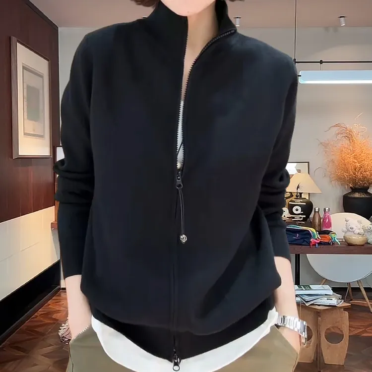 双拉链立领百搭秋日慵懒风针织开衫上衣女薄款小外搭独特小衫T恤