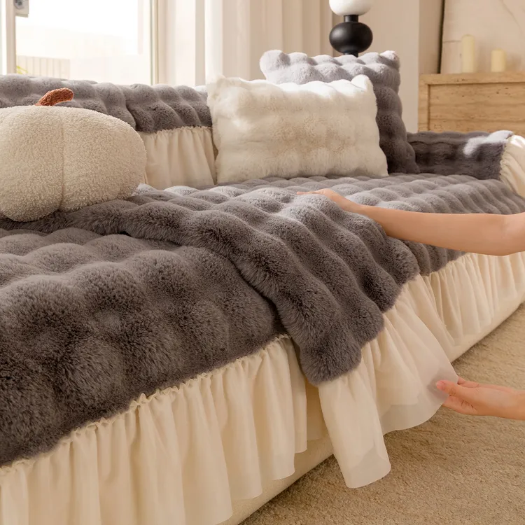 2025冬季新款兔毛绒沙发座垫一片式奶油风保暖固定防滑沙发坐垫子