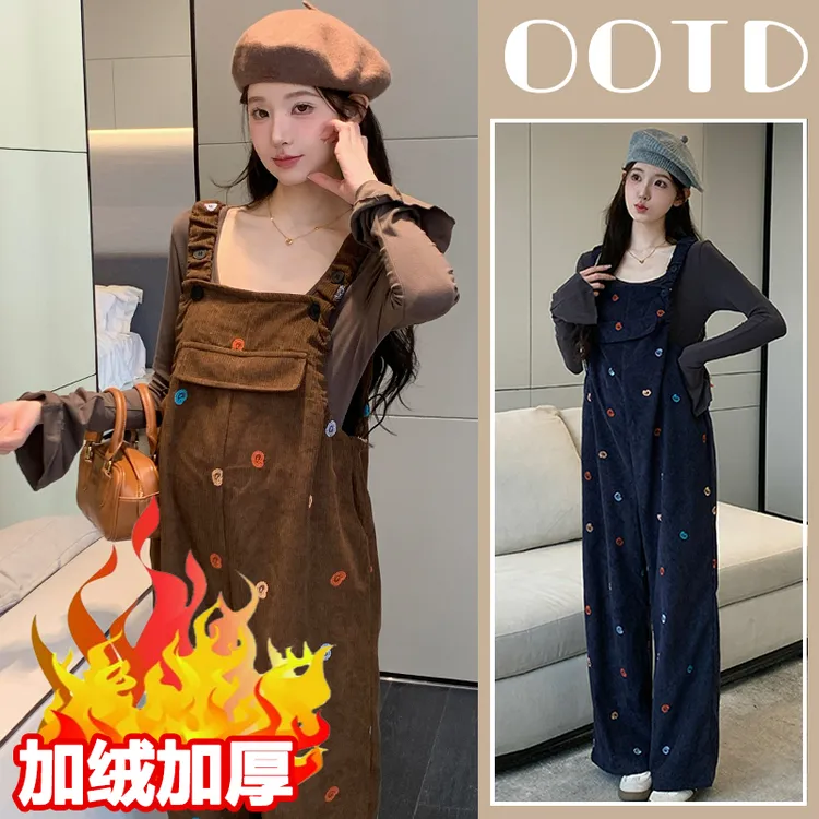 孕妇秋冬款加绒加厚背带裤灯芯绒阔腿裤套装宽松大码长裤爆款新品