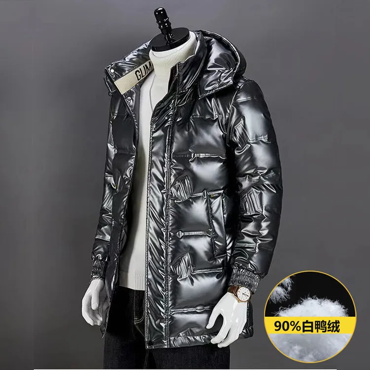 高端羽绒服男士2025冬季新款亮面轻薄连帽潮牌大码保暖中青年外套