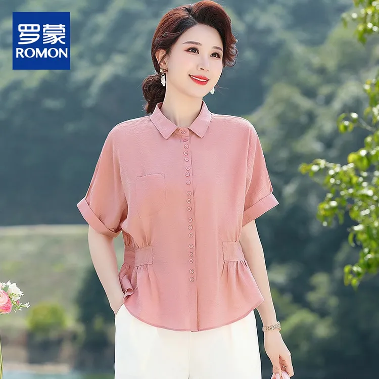 气质妈妈时尚衬衫收腰显瘦短袖洋气中年宽松上衣夏季设计感套装