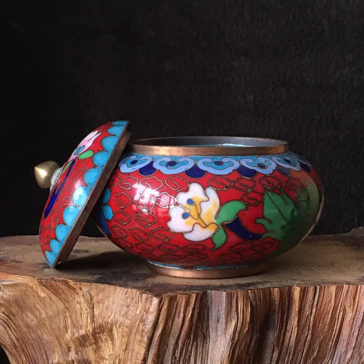 出口创汇红色景泰蓝铜胎掐丝珐琅磨光小盖罐1个真品文玩艺术收藏
