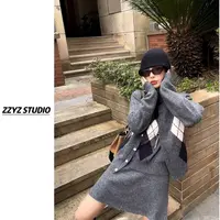 【ZZYZ】“格纹学院”V领菱格针织开衫+同色系背心+半裙miu三件套套装