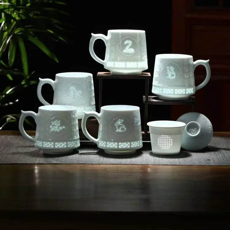 景德镇茶水分离玲珑十二生肖礼品杯杯子水杯带盖（拍下需备注生肖）