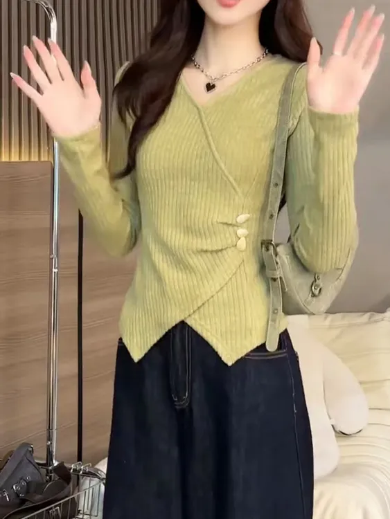 韩系纯欲风V领针织长袖t恤女秋季辣妹修身内搭不规则开叉正肩上衣