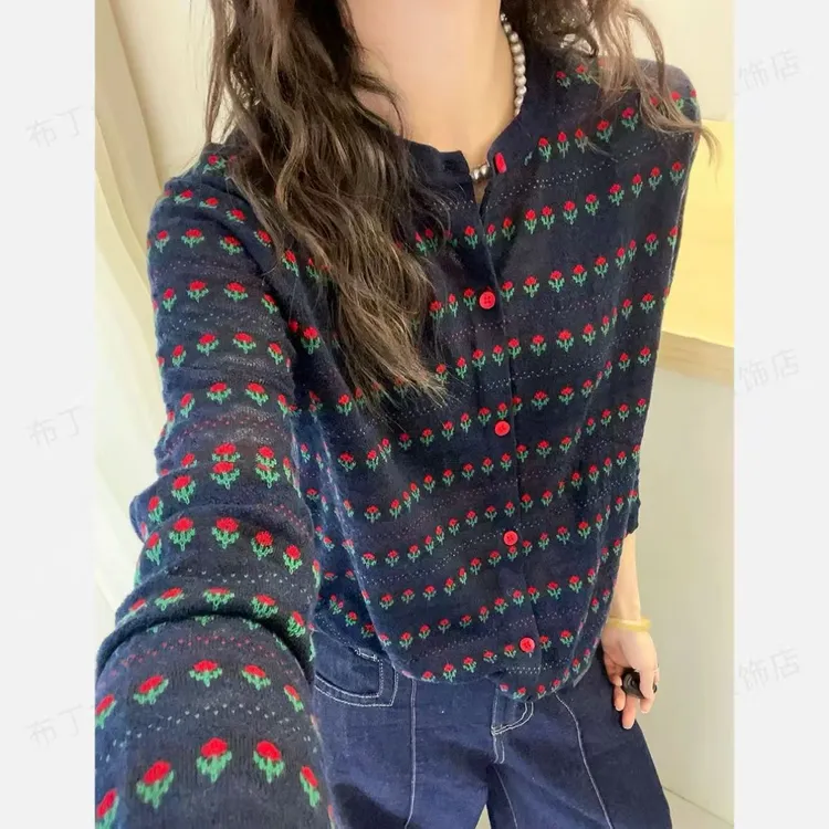 2025新款针织秋季不褪色郁金香提花薄款毛针织衫开衫秋冬女装提花