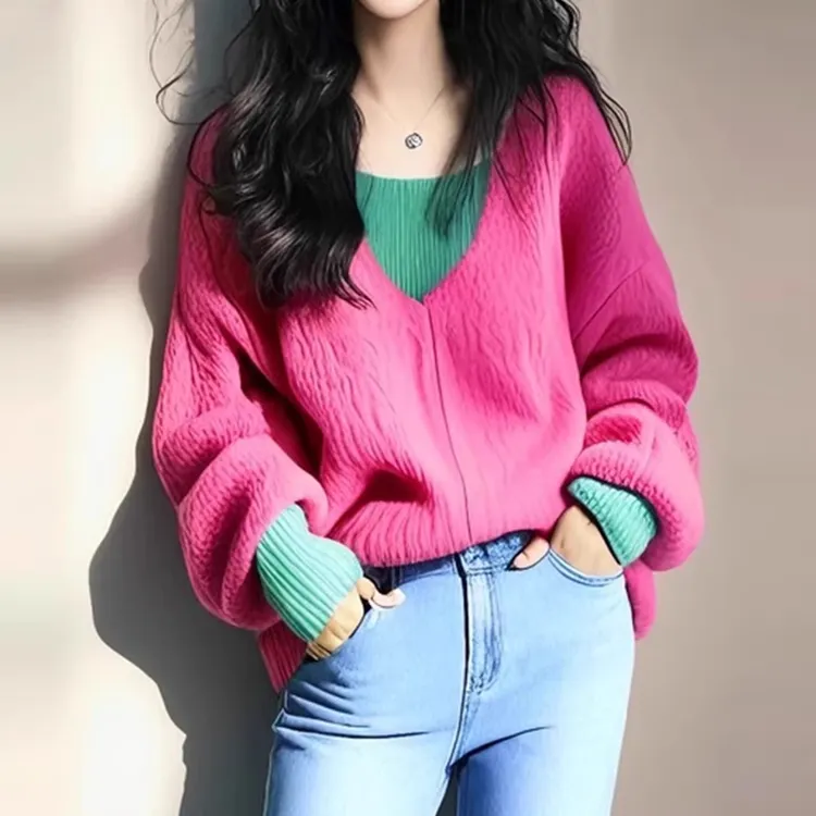 韩系氛围感春秋穿搭拼接假两件V领毛衣女宽松百搭软糯针织衫上衣