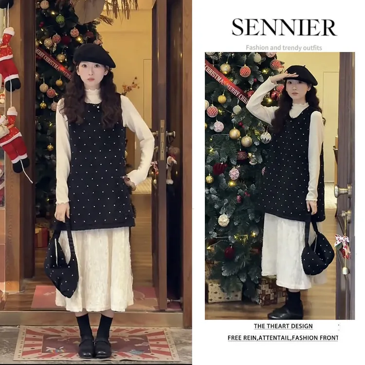 早春温柔穿搭女2026新款简约百搭长袖打底衫拼接波点背心裙两件套