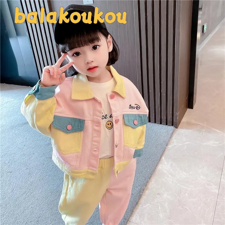 巴拉扣扣巴拉女童三色相拼套装秋季卡通牛仔休闲装女宝宝秋装新款