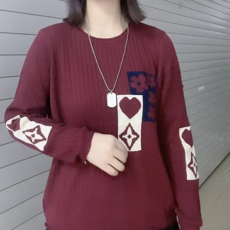 坑条纹薄款女心形紫色秋季女装长袖圆领短款毛针织衫