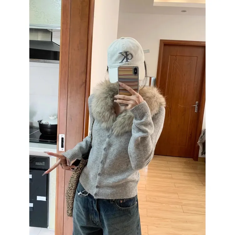 韩系貉子毛领针织开衫毛衣女秋冬慵懒长袖修身气质高级感上衣外套