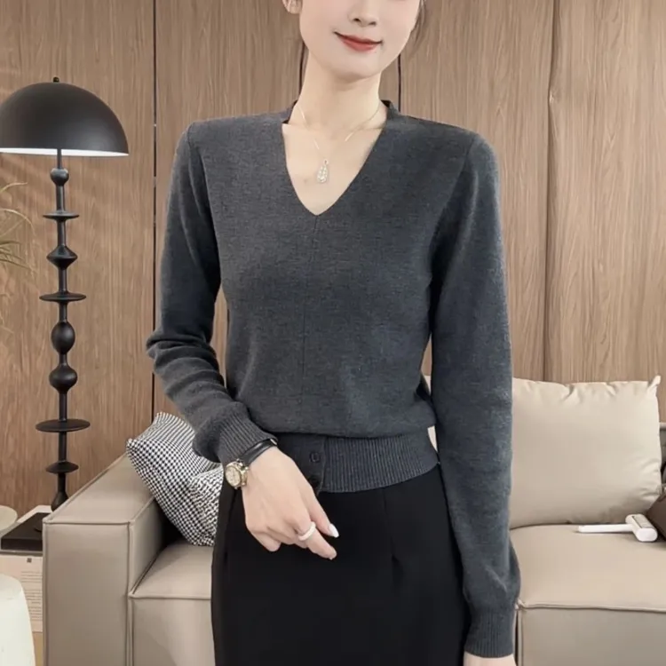 秋季法式V领新款收腰简约长袖针织衫2025新款修身显瘦女上衣H8-91