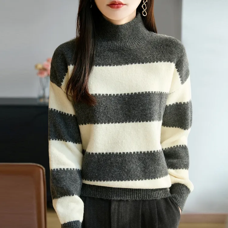 品牌女装冬季新款时尚打底保暖毛衣拼色条纹半高领女士毛针织衫