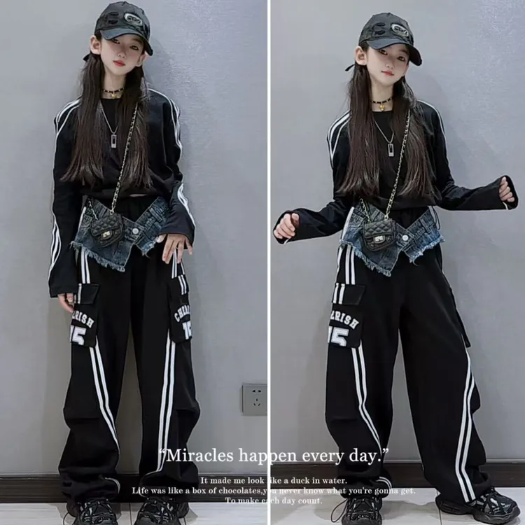 女童秋装套装2025新款女孩春秋洋气时髦长袖工装裤爵士舞两件套潮