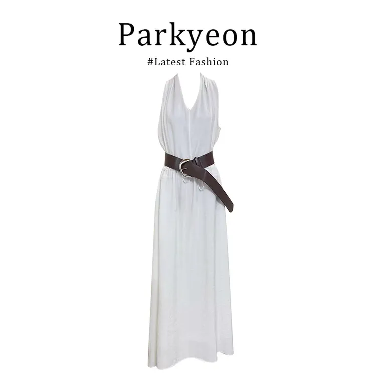 parkyeon 辣妹性感穿搭挂脖米白色连衣裙中长款V领背心裙子女夏季