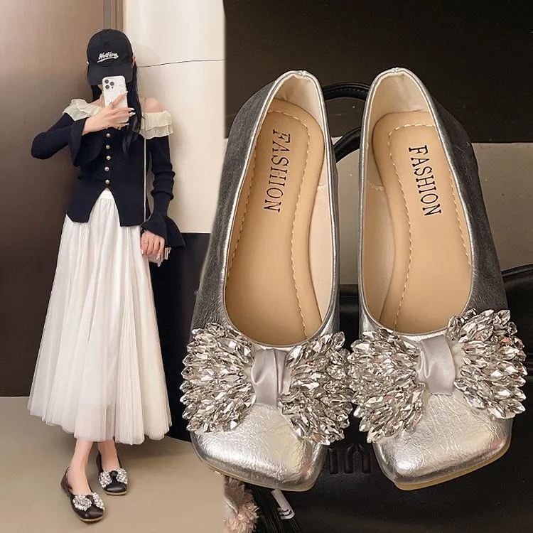 2025新韩版水钻蝴蝶结方头瓢鞋女浅口单鞋夏季配裙豆豆鞋小香风