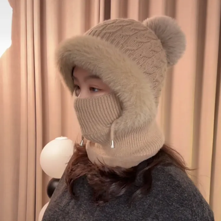 帽子口罩围脖三合一体帽女加厚保暖护耳女防风针织连体套头帽户外