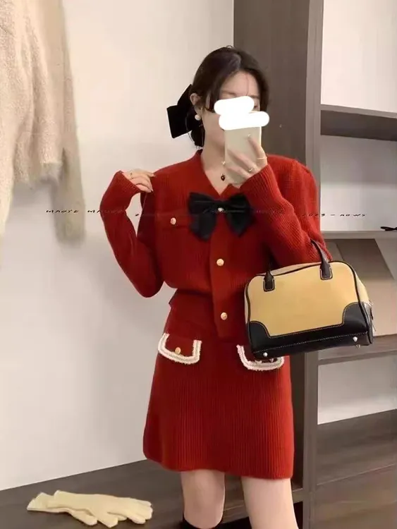 法式秋冬小香风蝴蝶结设计感时尚百搭宽松针织开衫半身裙两件套