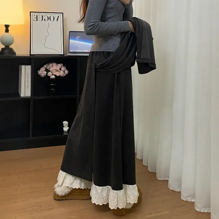 深灰蕾丝花边糯米裤女2025秋季新款胖mm梨形身材显瘦a字休闲裙裤