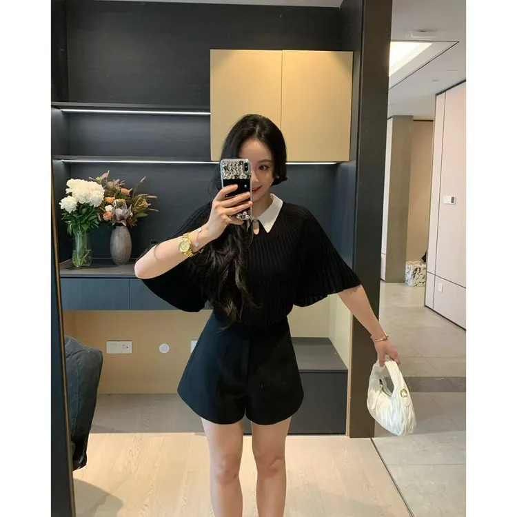 夏季新款撞色蝙蝠袖针织小衫女设计感小众显瘦薄款polo领短款上衣