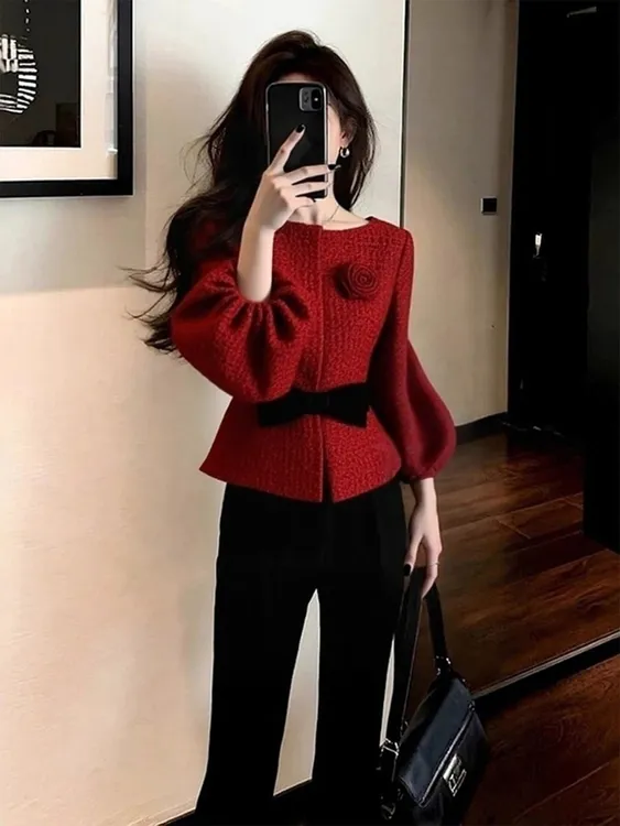 洋气本命年红色毛衣开衫秋冬新款法式赫本风修身法式灯笼袖上衣女