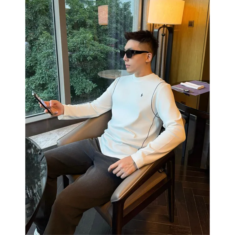 【莫代尔长袖】老钱小标弹力舒适贴身专机撞色休闲长袖男士打底T恤