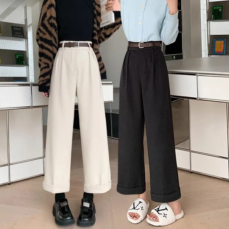 卷边毛呢阔腿裤女2025秋冬新款高腰显瘦加厚直筒裤宽松九分西装裤