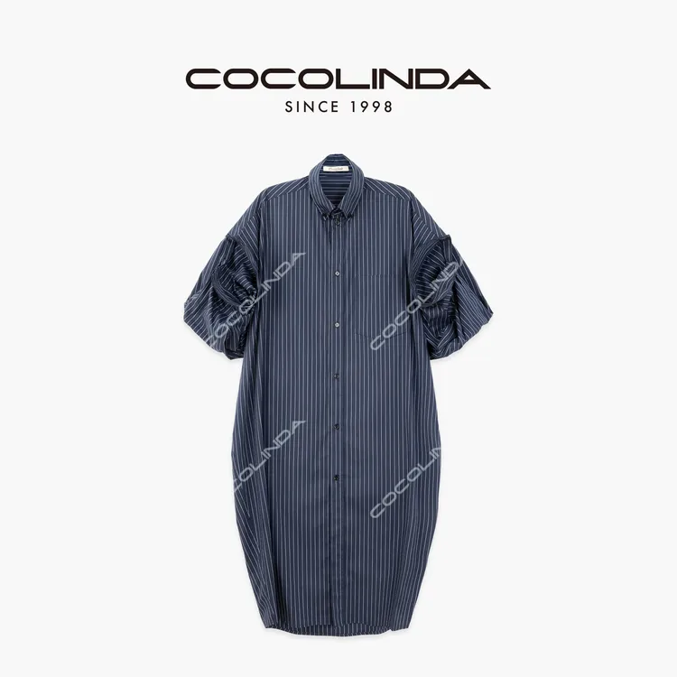 COCOLINDA | 棉质法式茧形异形袖廓形工艺复杂条纹衬衫裙Q3651