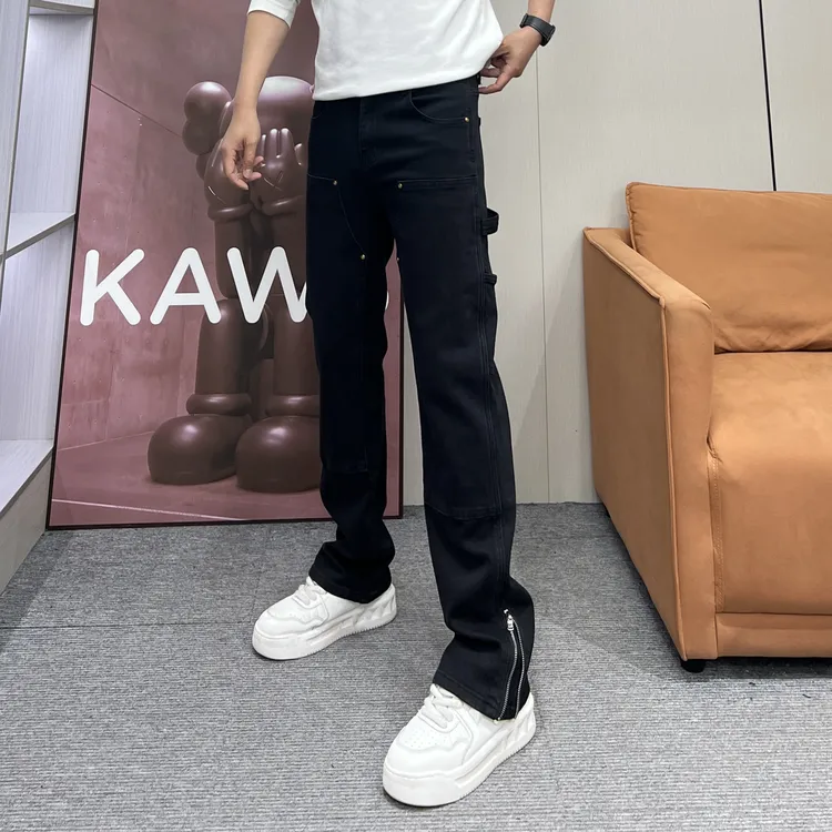 秋冬新款重工潮流拼接美式高街风侧拉链休闲男士韩版小直筒牛仔裤