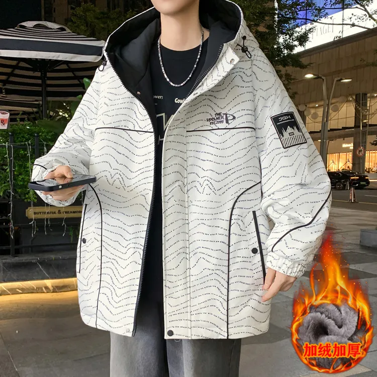 青少年冬季保暖连帽男款休闲宽松加绒工装夹克学生男士上衣韩版