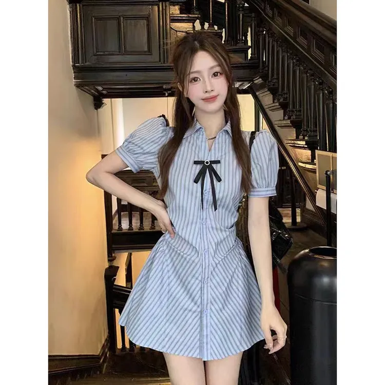 爱依服学院风条纹蓝色连衣裙女夏季小个子收腰显瘦短裙polo领衬衫
