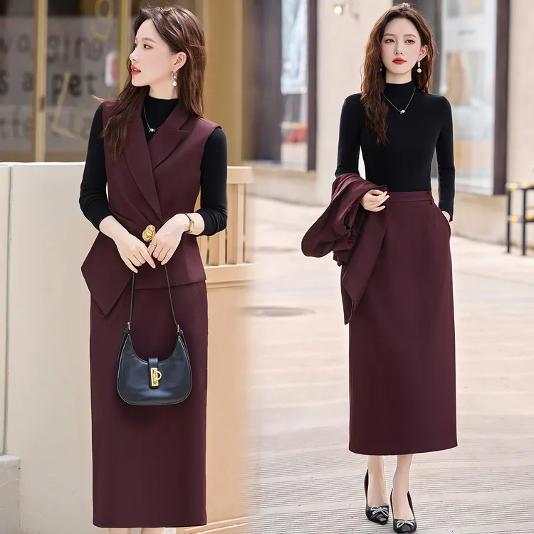 职业时尚三件套装时尚2025新款连衣裙女神马甲半身裙春秋显瘦