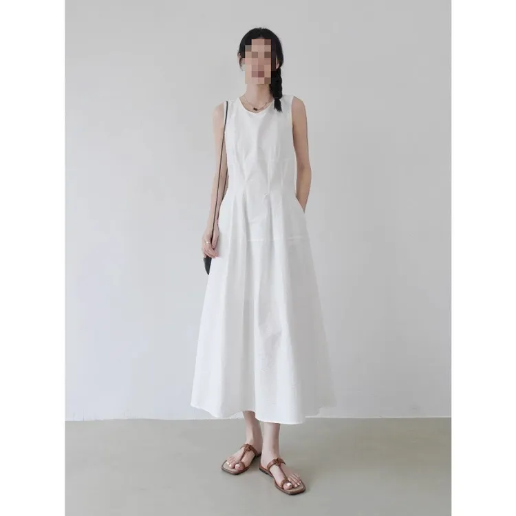 极简背心连衣裙女夏新款法式圆领中长裙收腰韩系显瘦A字无袖裙子