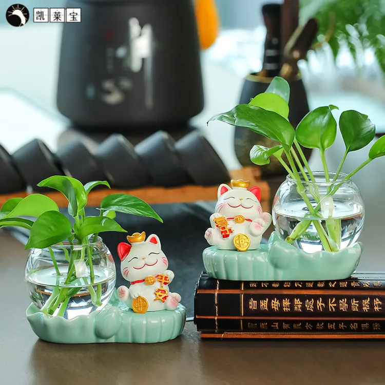 可爱招财猫水培花瓶桌面摆件客厅玄关办公桌装饰创意绿萝水养花器