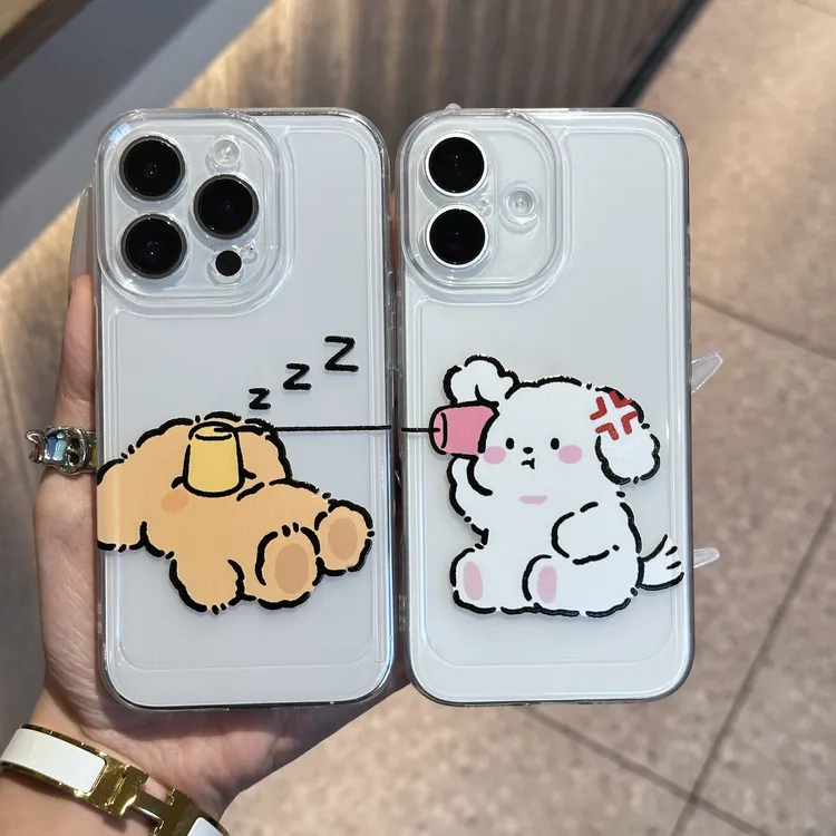 趣味卡通传音线条小狗情侣适用iPhone17/16pro透明手机壳国产型号