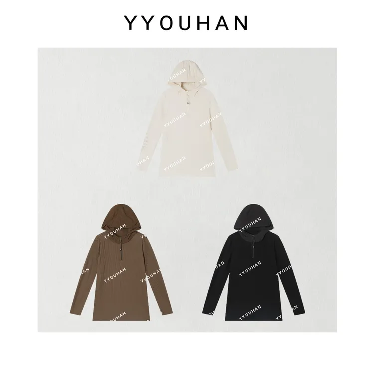 月月 2025秋冬新款拼接设计竖纹半拉链格子连帽卫衣 2310A1603